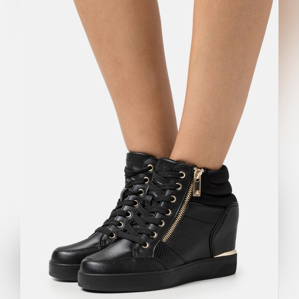 Aldo Black Wedge High-Top Sneakers with Gold Accents